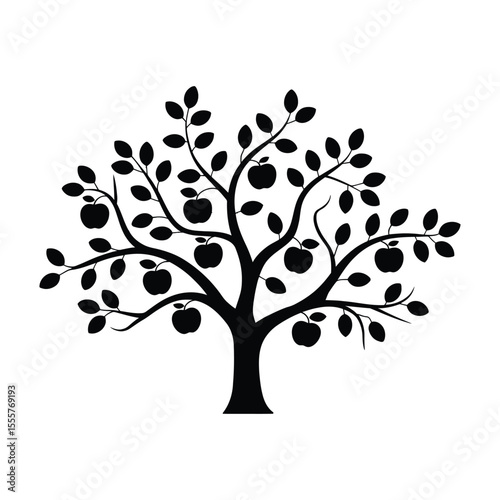 Minimalist Black silhouette Apple Tree Illustration: Nature, Growth, Harvest