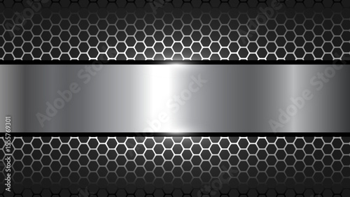 Silver black abstract background with hexagon pattern, dark background with silver metal banner for business presentation.