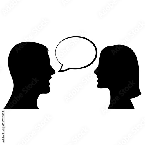 Illustration of two silhouetted heads facing each other with a speech bubble above them
