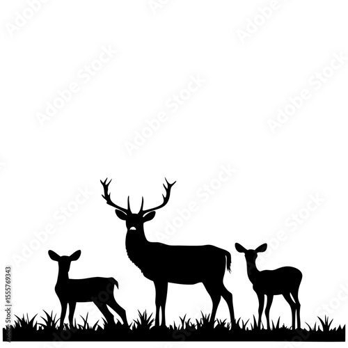 A silhouette of a deer family with a buck and two does standing in tall grass area