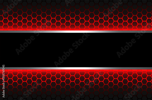Black and red abstract background with hexagon pattern, dark background with silver metal banner for business presentation.