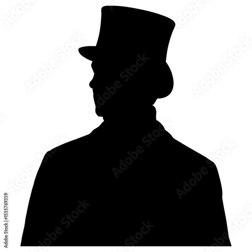 Silhouette of a man wearing a top hat and coat against a white background view back