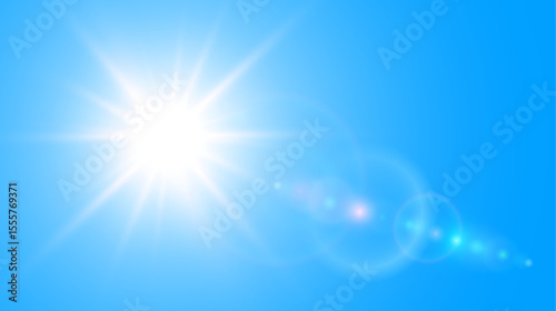Sun with lens flare on blue sky, sunny background as hot weather concept, summer background illustration.