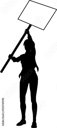 Protestor or demonstrator at a demonstration march, picket line or strike protest rally in silhouette. Holding up a banner or picket sign board placard.