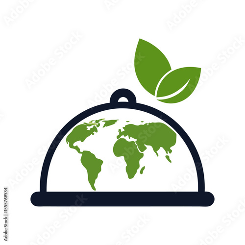 A global food concept featuring a world map inside a serving dish with green leaves atop it