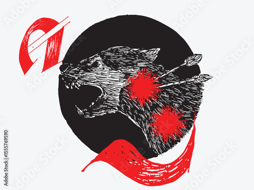 Surreal hand-drawn illustration set in a bold black, white, and red color scheme. Features anthropomorphic animals—primarily a rat-like ewewewe
