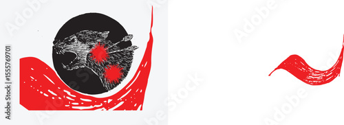 Surreal hand-drawn illustration set in a bold black, white, and red color scheme. Features anthropomorphic animals—primarily a rat-like creature riding a unicycle—juxtaposed with graphic wewe