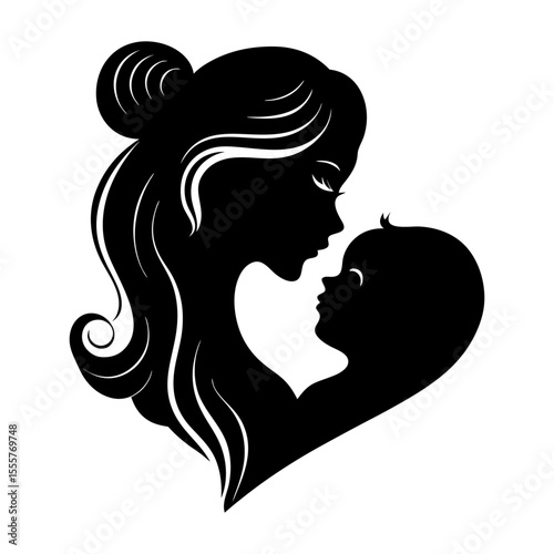 Silhouette illustration of a mother holding her baby in a loving embrace on white background