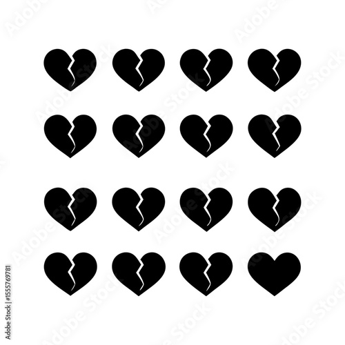 A collection of sixteen black broken heart icons arranged in a rectangular grid pattern