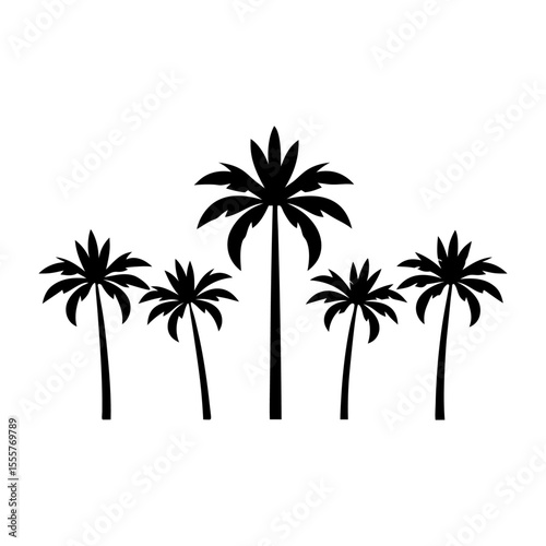 Silhouette illustration of five palm trees of varying heights on a white background