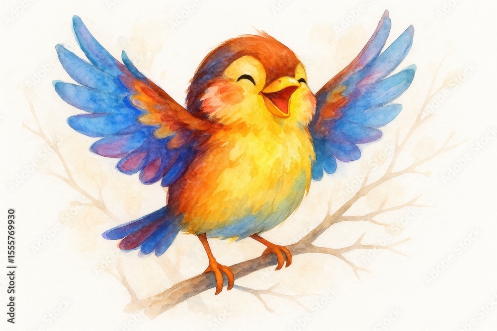 Obraz premium Joyful Cartoon Sparrow Spreading Wings on White Background with Branch Silhouette