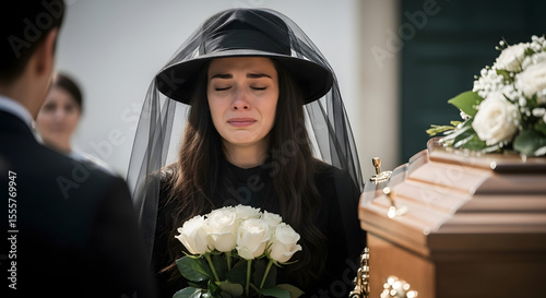 Mourning at a Funeral: A woman in black attire, veiled and holding white roses, grieves solemnly at a funeral, expressing profound sorrow and loss.