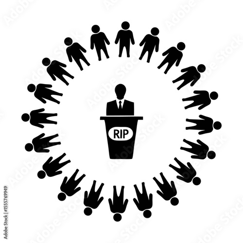 A black and white graphic depicting a speaker at a podium surrounded by fallen figures