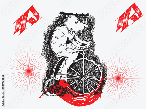 Surreal hand-drawn illustration set in a bold black, white, and red color scheme. Features anthropomorphic animals—primarily a rat-like creature riding a unicycle—juxtaposed with graphic wewewe