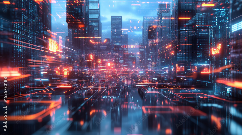 Obraz premium Futuristic metropolis showcases glowing digital lines and skyscrapers in a vibrant cyberpunk style for technology concepts.