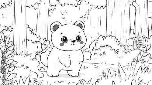 Adorable image of a fluffy panda sitting peacefully in a lush green forest, surrounded by bamboo and soft natural light, conveying a sense of innocence, cuteness, wildlife harmony