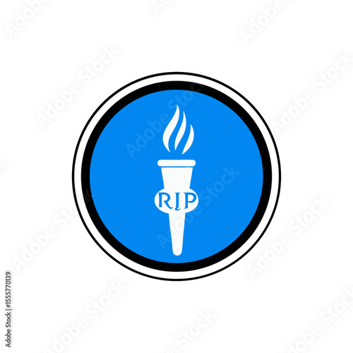 A blue circle containing a white torch with flame and rip text inside a black and white ring