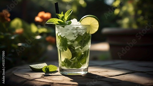 A refreshing glass of mojito or a similar lime and mint beverage, brimming with crushed ice, fresh mint leaves, and lime wedges.