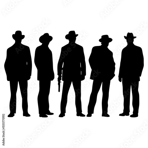 Silhouette of five men wearing hats and suits, one holding a gun, standing in a row on white