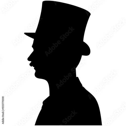 Silhouette of a man wearing a top hat and mustache against a white background profile view