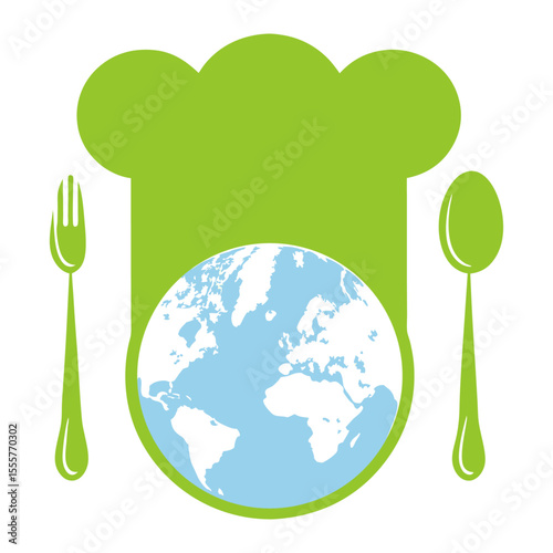 Illustration of a chef's hat with a globe, spoon, and fork representing global cuisine