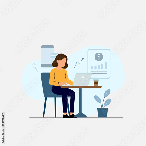 Woman working remotely analyzing financial data from laptop at cafe with monimal icon background,Modern business vector flat design