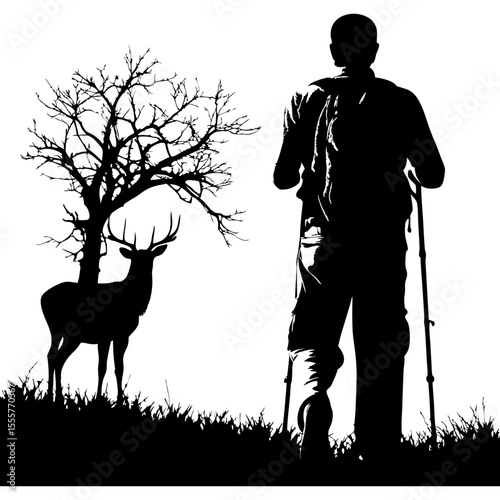 Silhouette of hiker with poles near deer and tree against a white background outdoors view