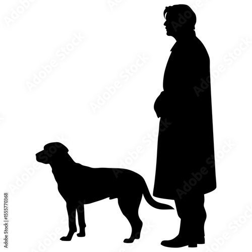 Silhouette of a man in a coat standing next to a dog against a plain white background image