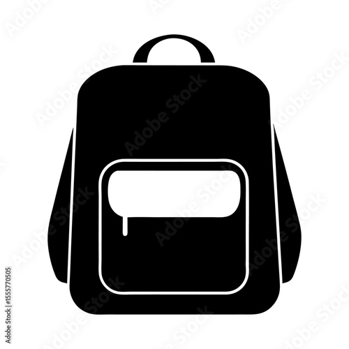 Illustration of a black backpack with a white outline and a front pocket in a minimalist style