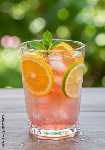 Pink Citrus Summer Drink with Ice and Mint
