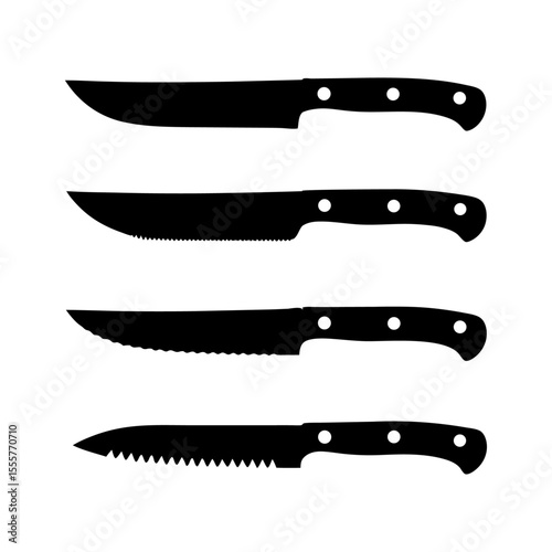 Four black silhouette knives arranged vertically with varying blade and edge designs shown
