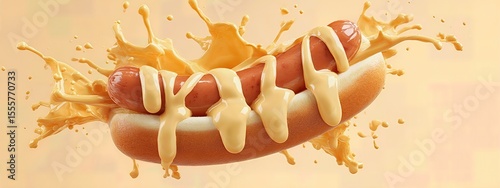 hot dog grilled sausage in a bun with mild white sauce . aspect ratio 8:3