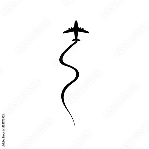 A black silhouette of an airplane flying upwards leaving a curved smoke trail behind it