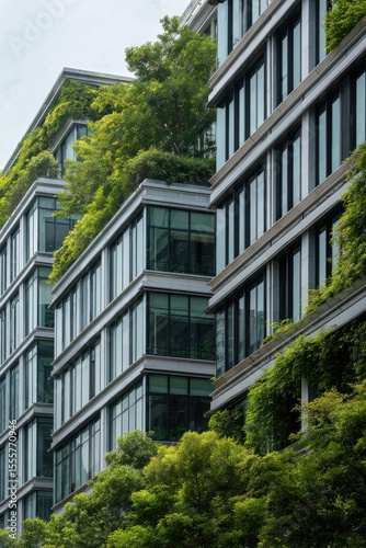 modern urban landscape featuring contemporary office buildings with green walls lush greenery integrated into