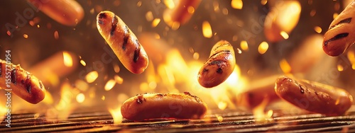 hot dog grilled sausages on a grill . aspect ratio 8:3