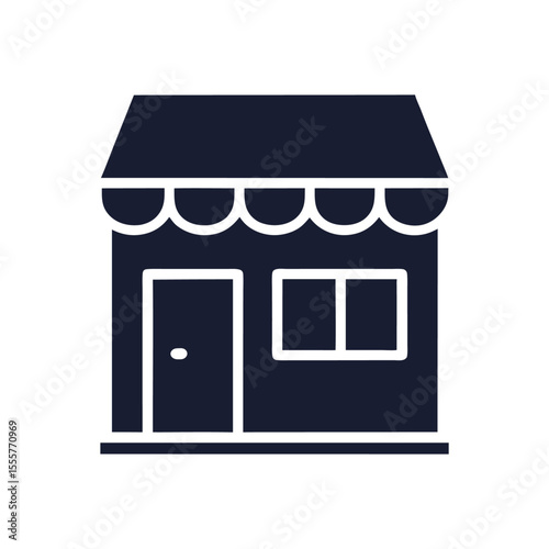 A simple dark blue shop icon is isolated on white background