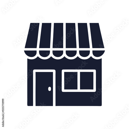 A dark blue storefront icon with striped awning is isolated on white background