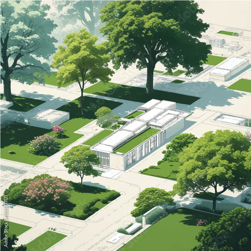 Architectural drawings in minimal style, including top-view elements of people in outdoor park scenes for landscape and site planning.