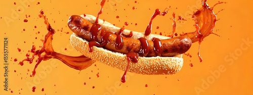 hot dog grilled sausage in a bun with ketchup sauce . aspect ratio 8:3