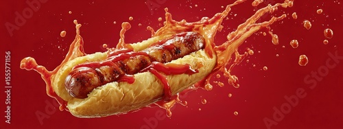 hot dog grilled sausage in a bun with ketchup sauce . aspect ratio 8:3