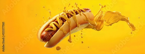 hot dog grilled sausage in a bun with mustard sauce . aspect ratio 8:3