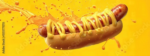 hot dog grilled sausage in a bun with mustard sauce . aspect ratio 8:3