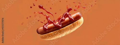 hot dog grilled sausage in a bun with ketchup sauce . aspect ratio 8:3