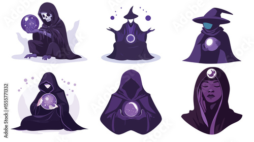 Cursed purple fortune teller illustration featuring mystical elements, glowing eyes, magical crystal ball, and dark enchanted atmosphere, ideal for fantasy art, occult themes, supernatural characters,