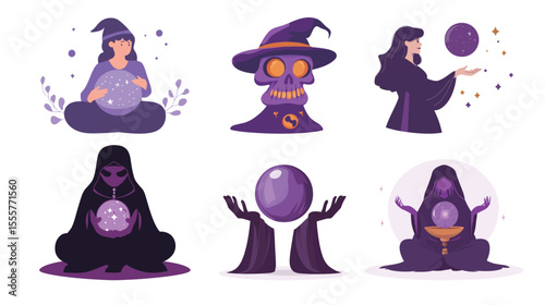 Cursed purple fortune teller illustration featuring mystical elements, glowing eyes, magical crystal ball, and dark enchanted atmosphere, ideal for fantasy art, occult themes, supernatural characters,