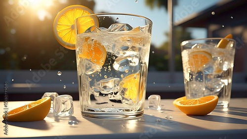 A refreshing close-up of a tall glass of sparkling water or lemonade, brimming with ice cubes and garnished with bright orange slices.