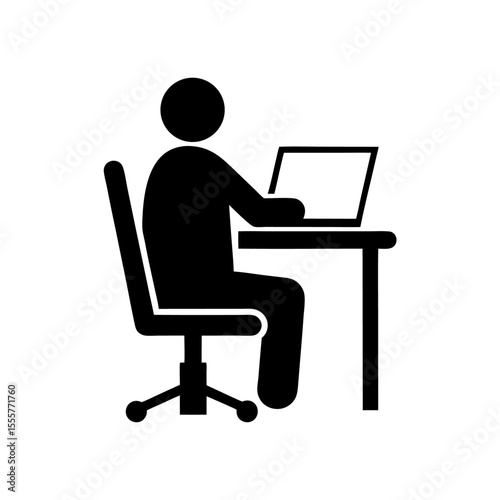 A simple black icon of a person working on a laptop at a desk isolated on white background