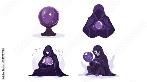 Cursed purple fortune teller illustration featuring mystical elements, glowing eyes, magical crystal ball, and dark enchanted atmosphere, ideal for fantasy art, occult themes, supernatural characters,