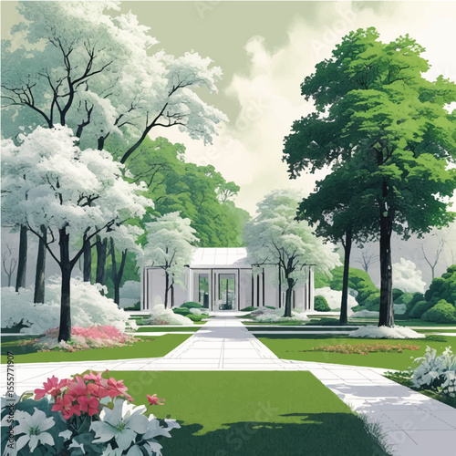 Spring in the park with trees, a winding path, and blue sky