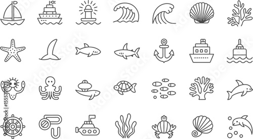 Collection of various marine life and nautical themed outline style icons